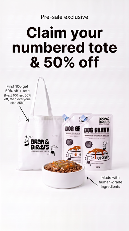 Bran & Birdy's pre-sale exclusive: numbered tote and 50% off chicken gravy at Dublin Pet Expo